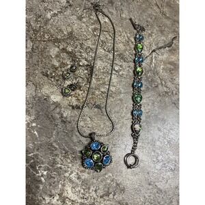 Vintage‎ Cookie Lee Inset Stones Blue & Green & Silver Tone Bracelet Necklace…